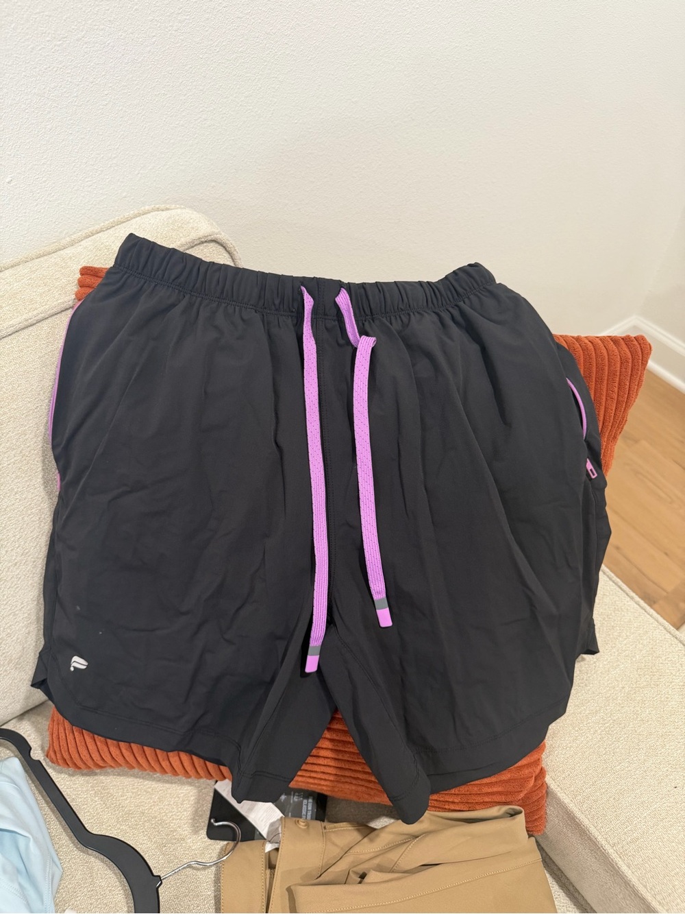 Fabletics Black Athletic Shorts with Purple Drawstrings